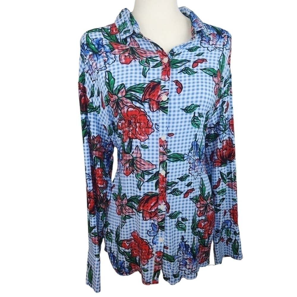 MASSINI Floral Button Up Long Sleeve Gingham Style Blouse Size L